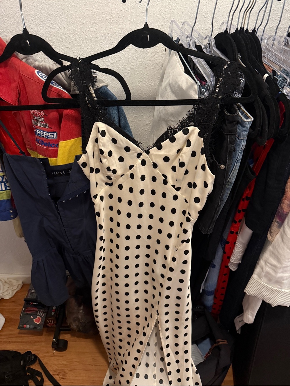 Astr Polka Dot Satin Slip with Black Lace Trim